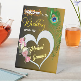 Elegante Pfauenfeder & Rose Custom Wedding Sockelschild