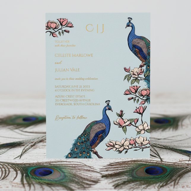 Elegante Pfauenhochzeit Folieneinladung (Elegant Light Blue Wedding Invitations. Trendy Floral Blue Peacock, Teal Feathers, Magnolia Flowers)