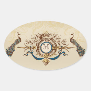 Elegante Pfauenhochzeitkleber mit Monogramm Ovaler Aufkleber