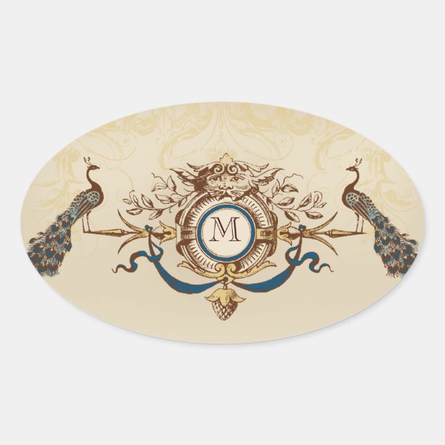 Elegante Pfauenhochzeitkleber mit Monogramm Ovaler Aufkleber (Vorderseite)
