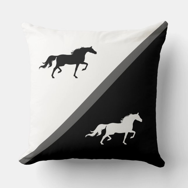 Elegante Pferde auf Schwarz-Weiß Kissen (Vorderseite)
