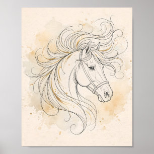 Elegante Pferdelinienkunst Equestrian Gold-Dekorat Poster
