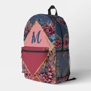 Elegante Pfingstrose Burgund & Navy Blumen Gold Ar Bedruckter Rucksack
