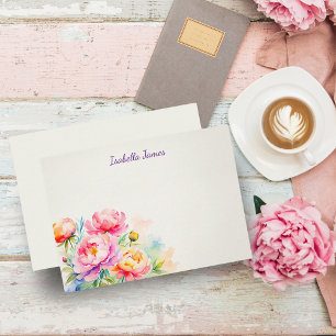 Elegante Pfingstrosen-Aquarell-Blumen-Notizkarte Mitteilungskarte