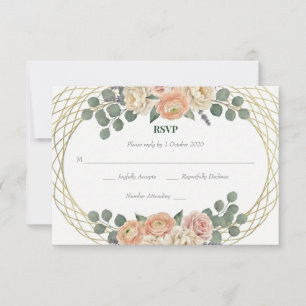 Elegante Pfingstrosen-Blumen- & Gold-Gitter-Oval-H RSVP Karte