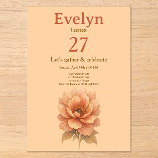 Elegante Pfirsich-Blumen-Geburtstagseinladung Acryleinladungen