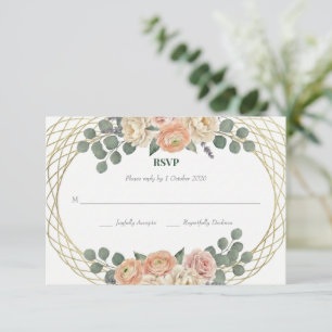 Elegante Pfirsich-Blumen- & Gold-Gitter-Oval-Hochz RSVP Karte