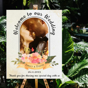 Elegante Pfirsich-Blüten-Foto-Architektur Hochzeit Poster