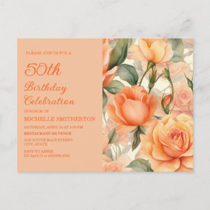 Elegante Pfirsich-Orangen-Blumenrosen 50. Geburtst Einladungspostkarte