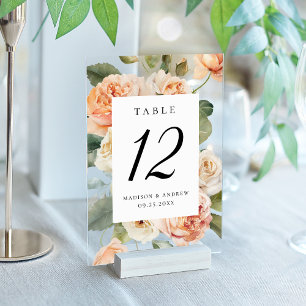 Elegante Pfirsich-Rosen-Acryl-Hochzeitstisch-Numme Acryleinladungen