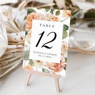 Elegante Pfirsich-Rosen-Hochzeit Tischnummer