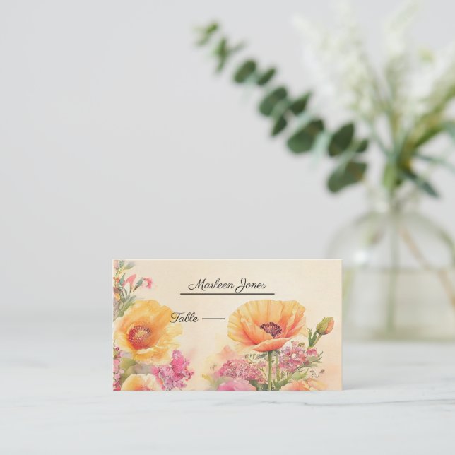 Elegante Pfirsich- und rosa Blumenhochzeit Platzkarte (Stehend Vorderseite)
