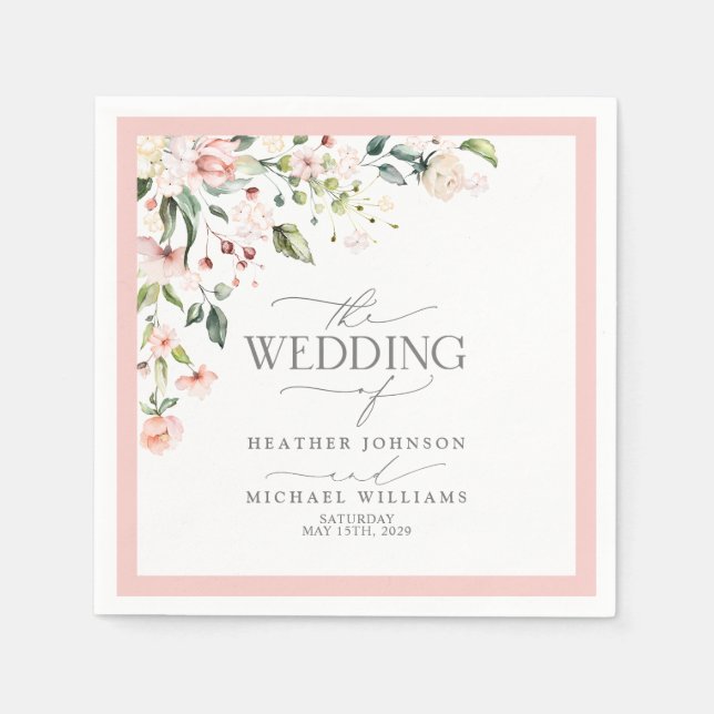 Elegante Pfirsichfarbene Hochzeit mit floraler Flo Serviette (Vorderseite)