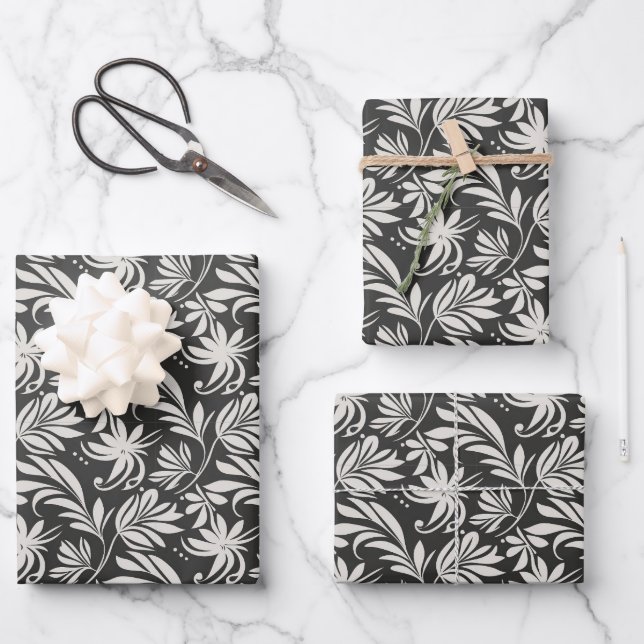 Elegante Pflanze Kräutermuster Schwarz-weiß Geschenkpapier Set (Vorderseite)