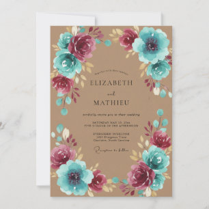 Elegante Pflaume-Aqua-Blüten-Hochzeit Einladung