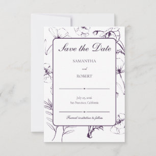 Elegante Pflaume Lila Blumige Linienkunst Hochzeit Save The Date