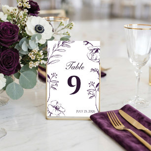 Elegante Pflaume Lila Blumige Linienkunst Hochzeit Tischnummer