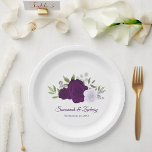 Elegante Pflaume Lila Boho Aquarell Rosen Hochzeit Pappteller