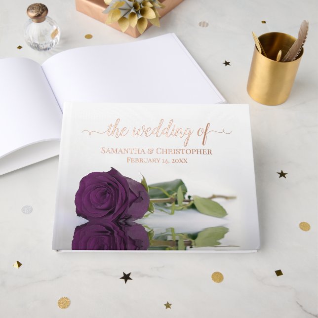 Elegante Pflaume Lila Rose Medium Wedding Foil Gästebuch (Vorderseite offen)