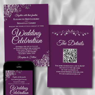 Elegante Pflaume Lila & Silber QR-Code Hochzeit Einladung