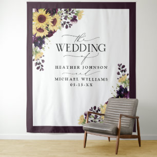 Elegante Pflaume Lila Sonnenblume Aquarell Hochzei Wandteppich