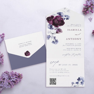 Elegante Pflaume Purpur & Indigo Blau Florale Hoch All In One Einladung