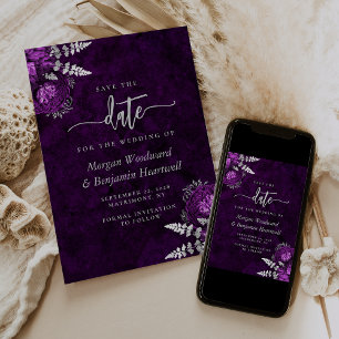 Elegante Pflaumen-Silber-Blumen-Hochzeit-Save-the- Einladung