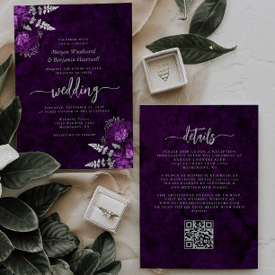 Elegante Pflaumen-Silber-Blumenhochzeit mit QR-Cod Einladung