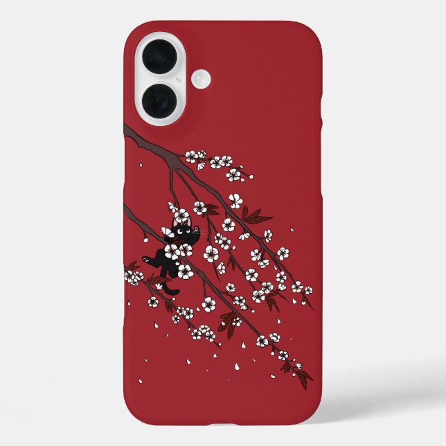 Elegante Pflaumenblüten und schwarze Katze iPhone 16 Plus Hülle (Rückseite)