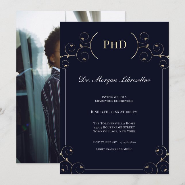 Elegante PhD Foto Gold Blue Graduation Party Einladung (Vorne/Hinten)