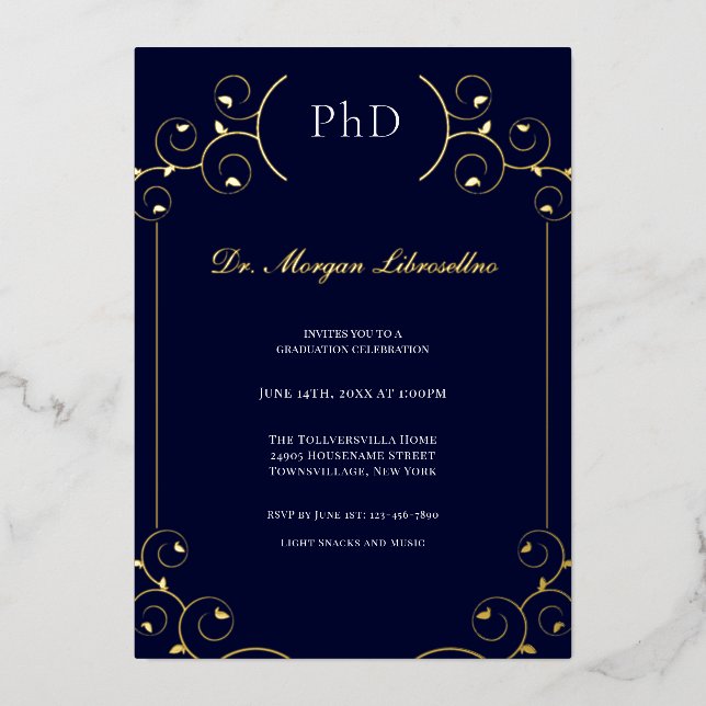 Elegante PhD Gold White Blue Graduation Party Folieneinladung (Vorderseite)