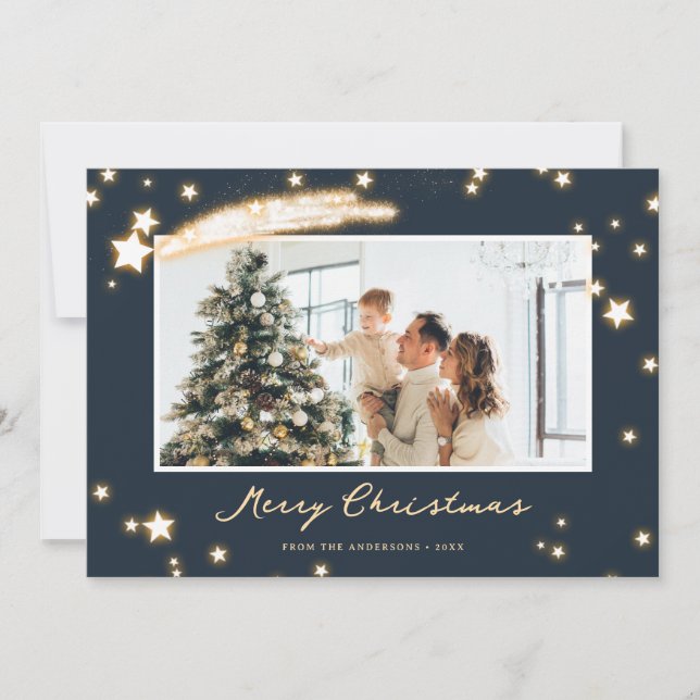 Elégante photo bleu étoilé Joyeuse carte de Noël (Devant)