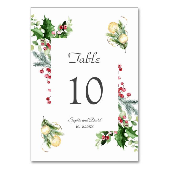 Elegante Pine Berry Weihnachtsbälle Hochzeit Tischnummer (Vorderseite)