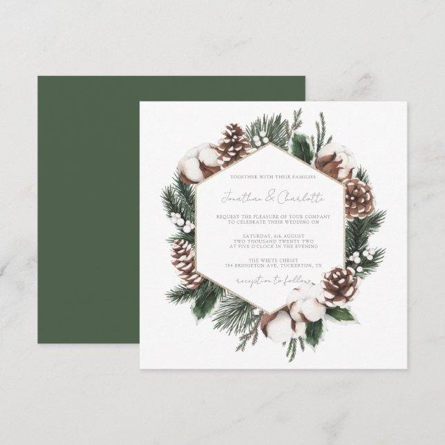Elegante Pine & Cotton Winter Wedding Einladung (Vorne/Hinten)