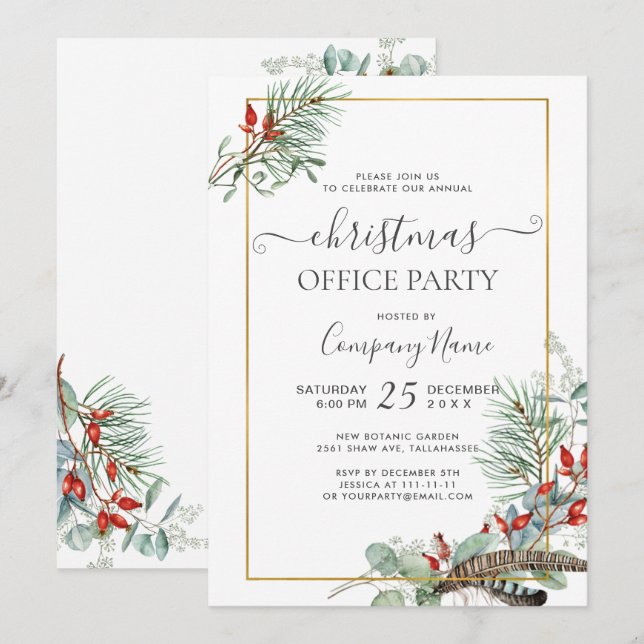 Elegante Pine Eucalyptus Weihnachtsbüros Party Einladung (Vorne/Hinten)