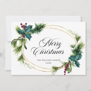 Elegante Pine Fir Holly Berry Weihnachtsgrüße Feiertagskarte