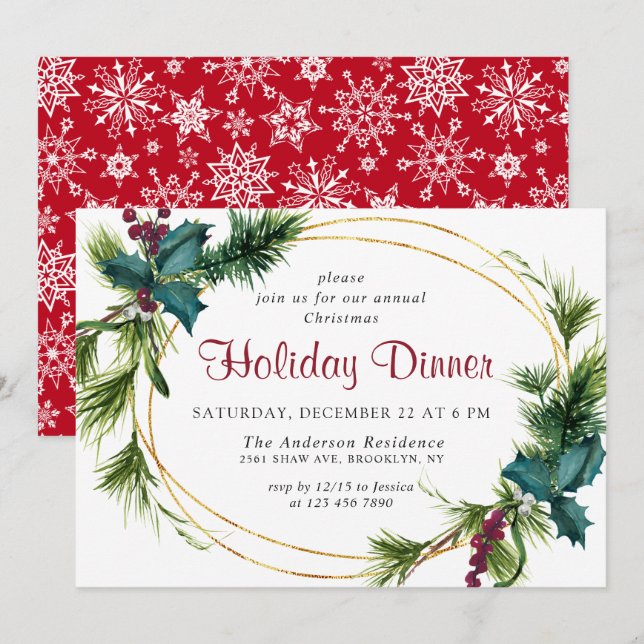 Elegante Pine Holly Berry Weihnachts-Abendessen Einladung (Vorne/Hinten)