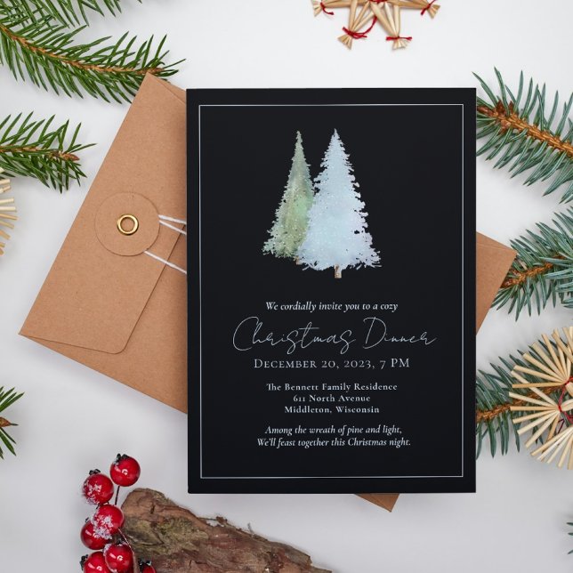 Elegante Pine Trees Forest Black Christmas Dinner Einladung (Von Creator hochgeladen)
