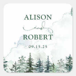 Elegante Pine Trees Forest Calligraphy Wedding Quadratischer Aufkleber