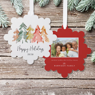 Elegante Pine Trees Watercolor Foto Weihnachten Ornament Karte
