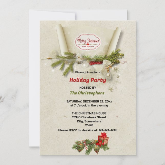elegante Pine und Geschenke beige Weihnachten Einladung (Vorderseite)