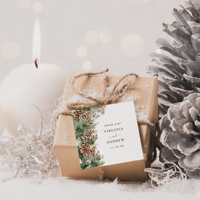 Elegante Pine Wedding Geschenkanhänger (Elegant White Watercolor Evergreen Pinecone Square Wedding Favor Tags by Painted Paperie
)