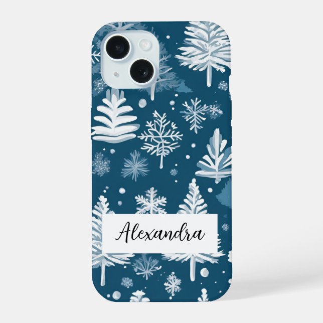 Elegante Pinienbäume mit sinkenden Schneeflocken W iPhone 15 Hülle (Rückseite)