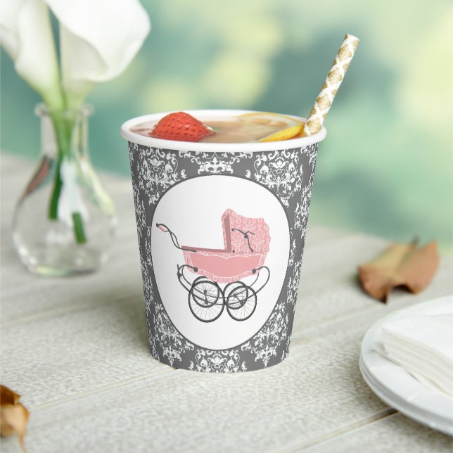 Elegante Pink Baby Buggy Baby Shower Pappbecher (In Situ)