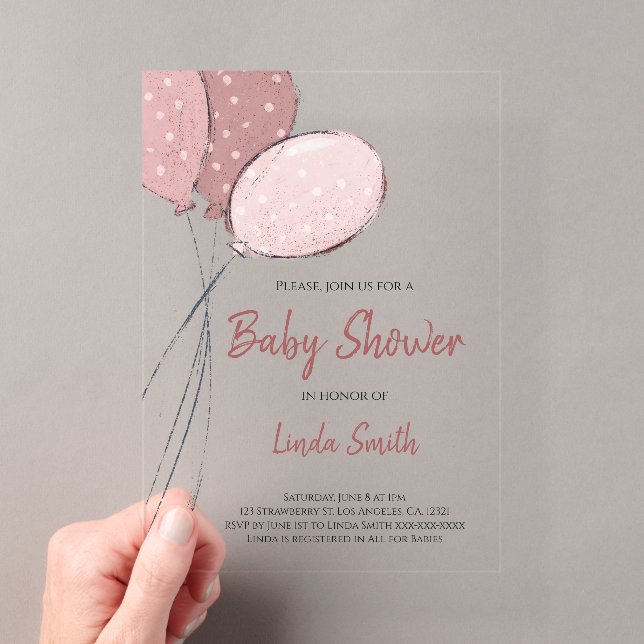 Elegante Pink Balloons Girl Baby Dusche Acryleinladungen (Insitu (Handheld))