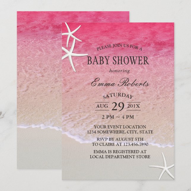 Elegante Pink Beach Starfish Babydusche Einladung (Vorne/Hinten)