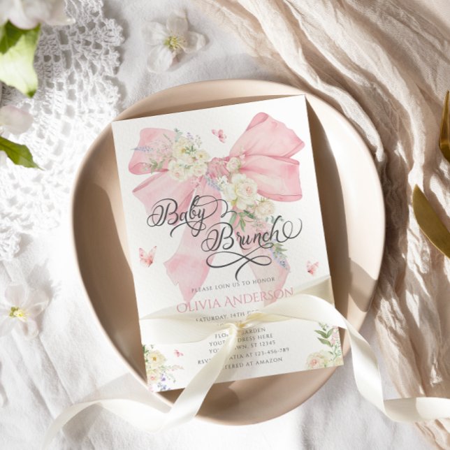 Elegante Pink Bow Baby Brunch Babydusche Einladung (Von Creator hochgeladen)