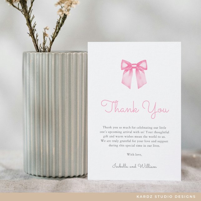 Elegante Pink Bow Baby Dusche Dankeskarte (Flat Thank You Card in 3.5 x 5 inches. Personalize text, select size, paper, and corner style.)