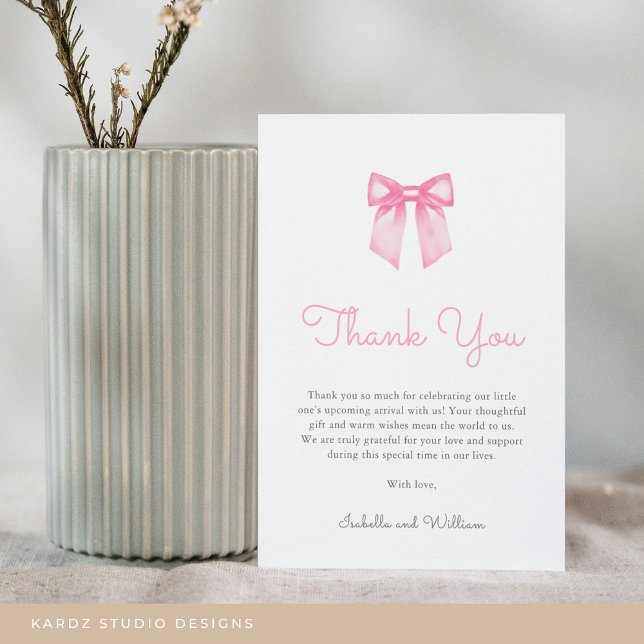Elegante Pink Bow Baby Dusche Dankeskarte (Flat Thank You Card in 3.5 x 5 inches. Personalize text, select size, paper, and corner style.)