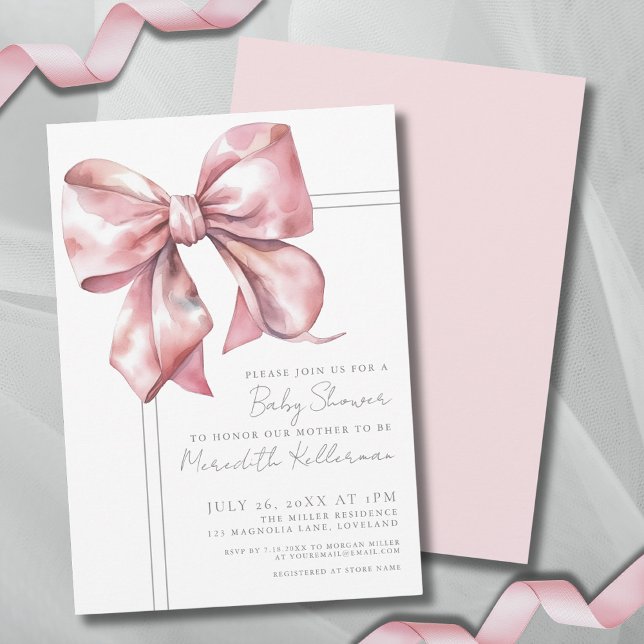 Elegante Pink Bow Baby Dusche Einladung (Elegant Pink Bow Baby Shower Invitation)